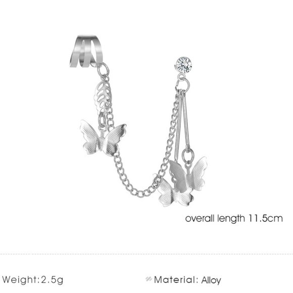 silver Butterfly crystal chain Cuff Earring for single ear - Picture 3 of 9